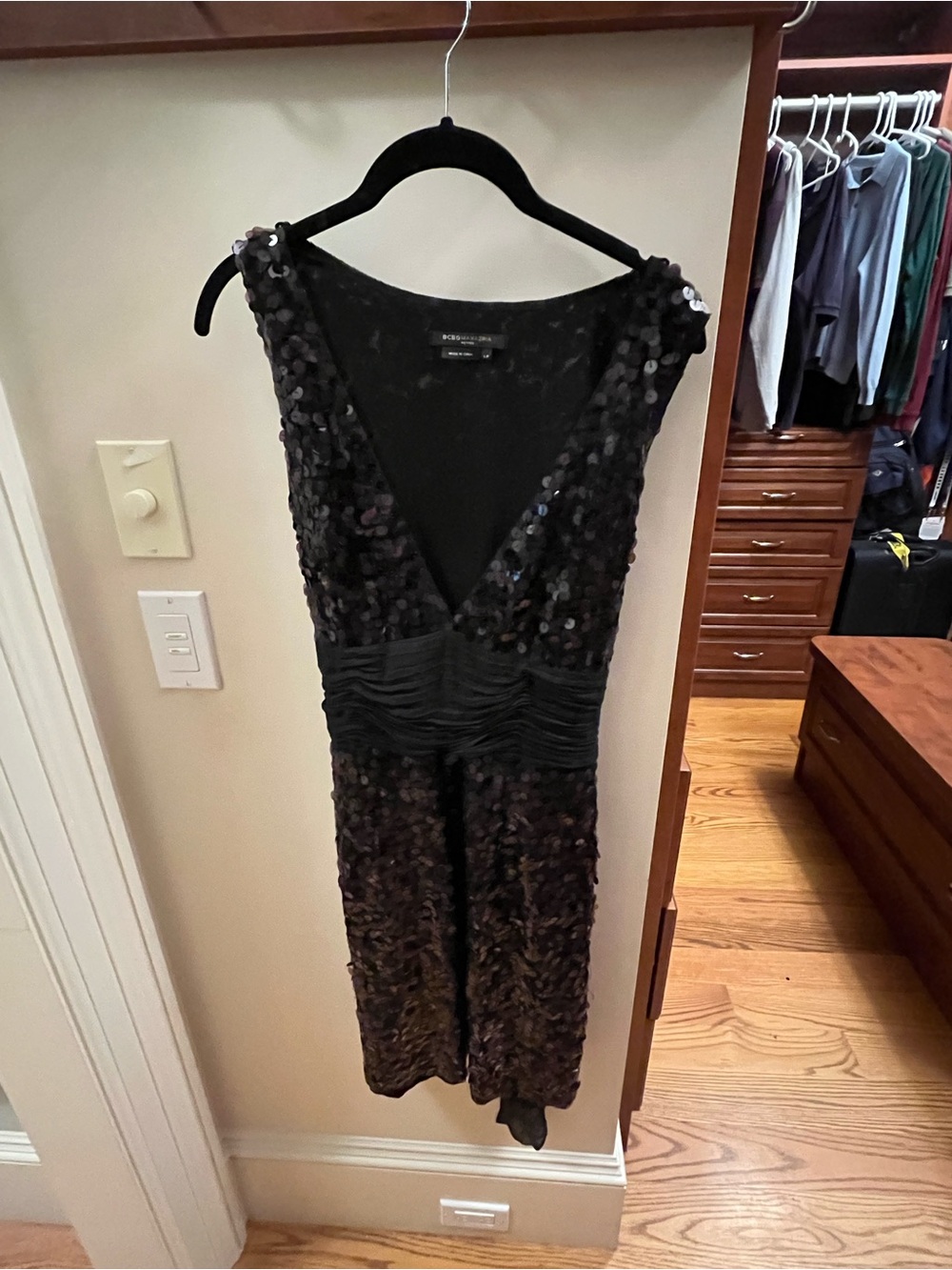 BCBGMaxAzria Black Sequin Midi Dress with Ruched Waist